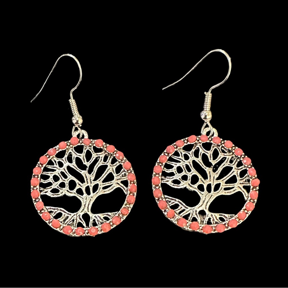 Tree of Life Dangle Earrings Silver Tone Dark Pink Details NEW